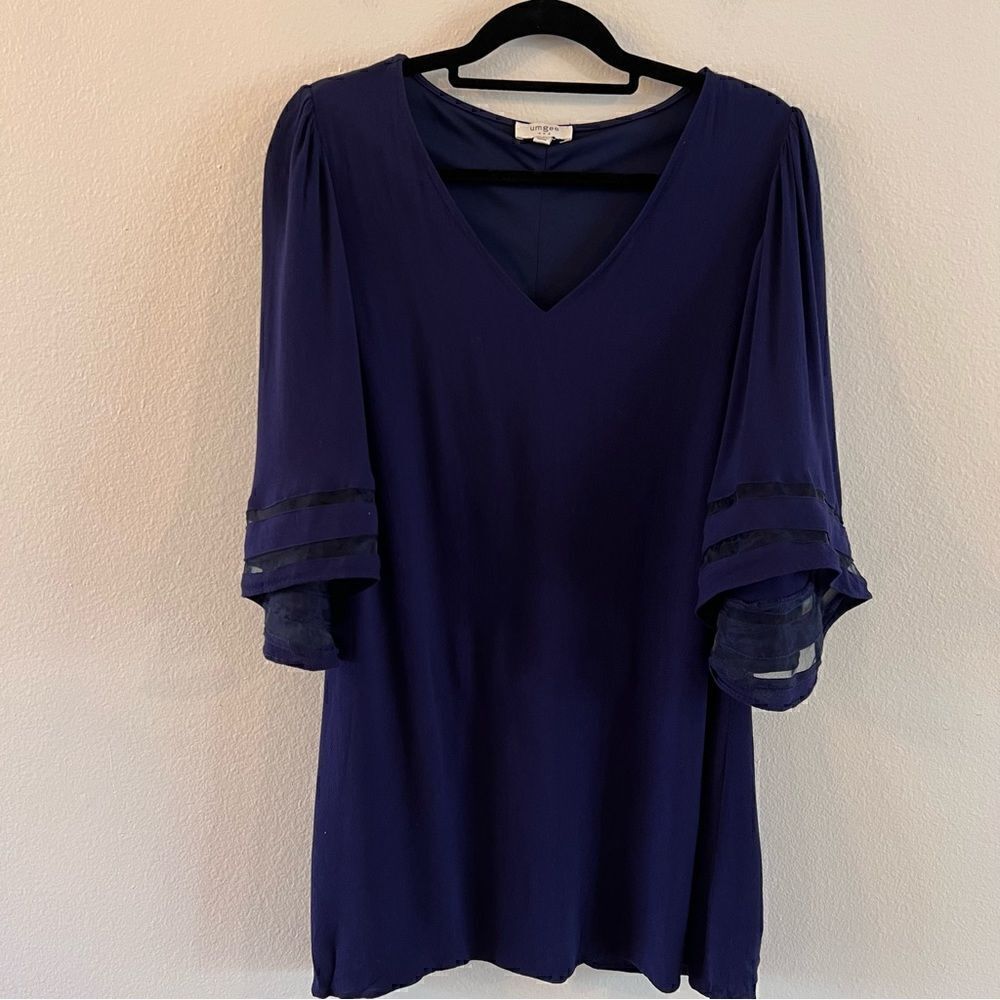 Umgee Dress Navy Blue Size Small Shift Dress Wide Sleeve Mesh Inset Lined
